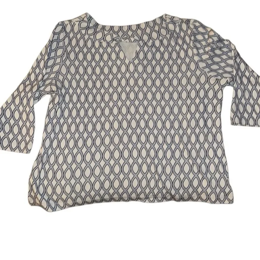 Chico's White Blue Geometric Twist Neck Cotton Convertible Tee Ladies Size 3/XL